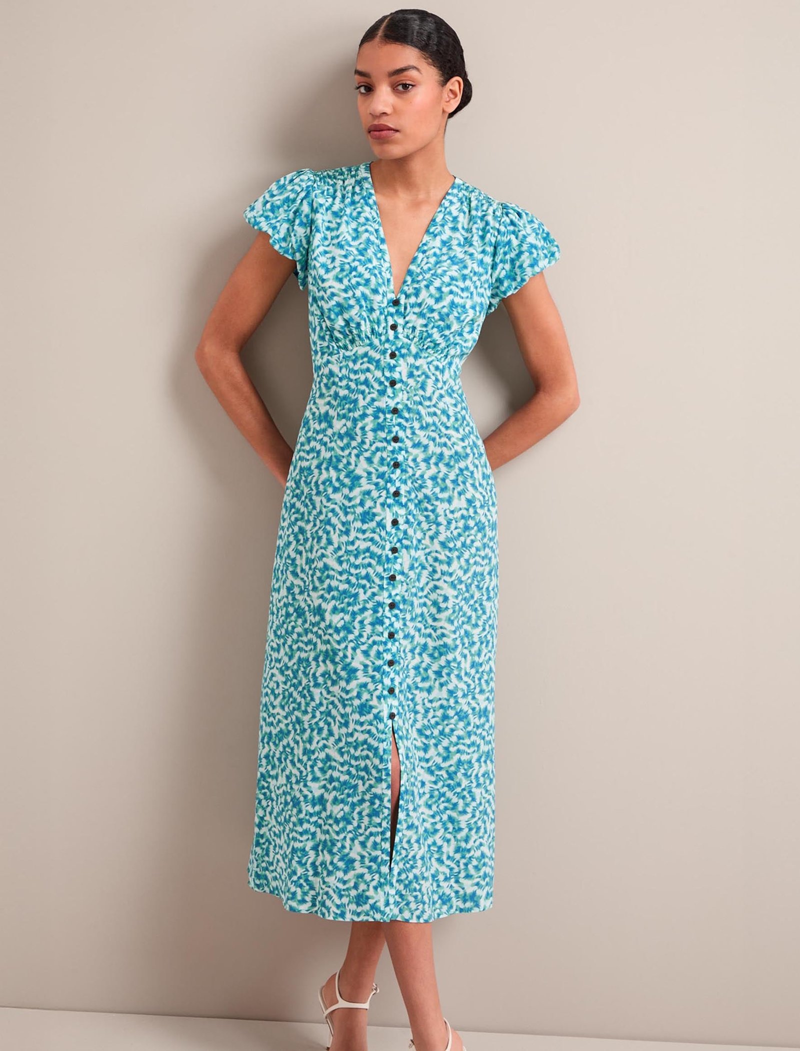 Leila Silk Maxi Dress - Blue Green Feather Print - Image 10