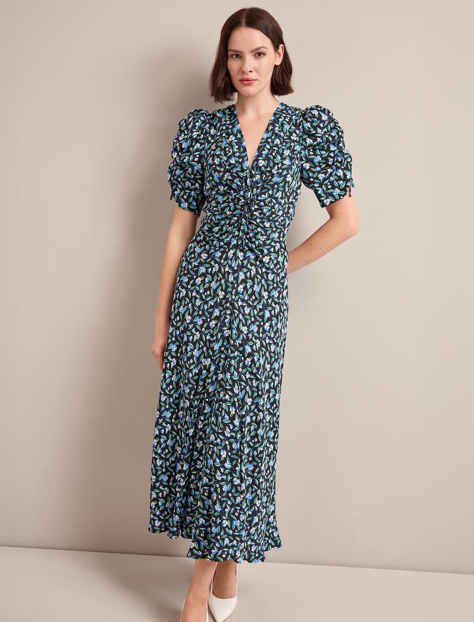 Ophelia Bias Cut Maxi Dress - Black Blue Deco Floral Print - Image 7
