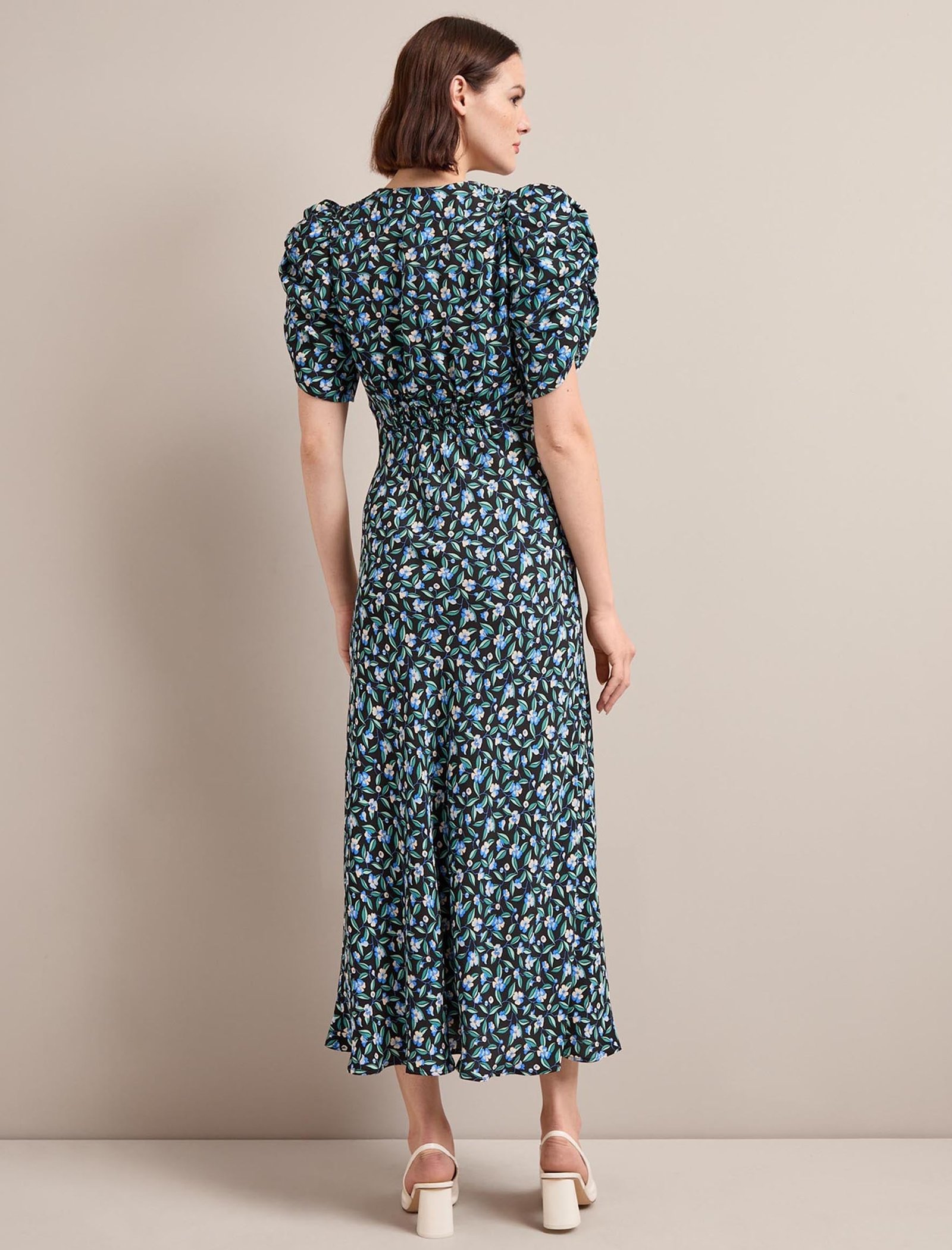 Ophelia Bias Cut Maxi Dress - Black Blue Deco Floral Print - Image 8
