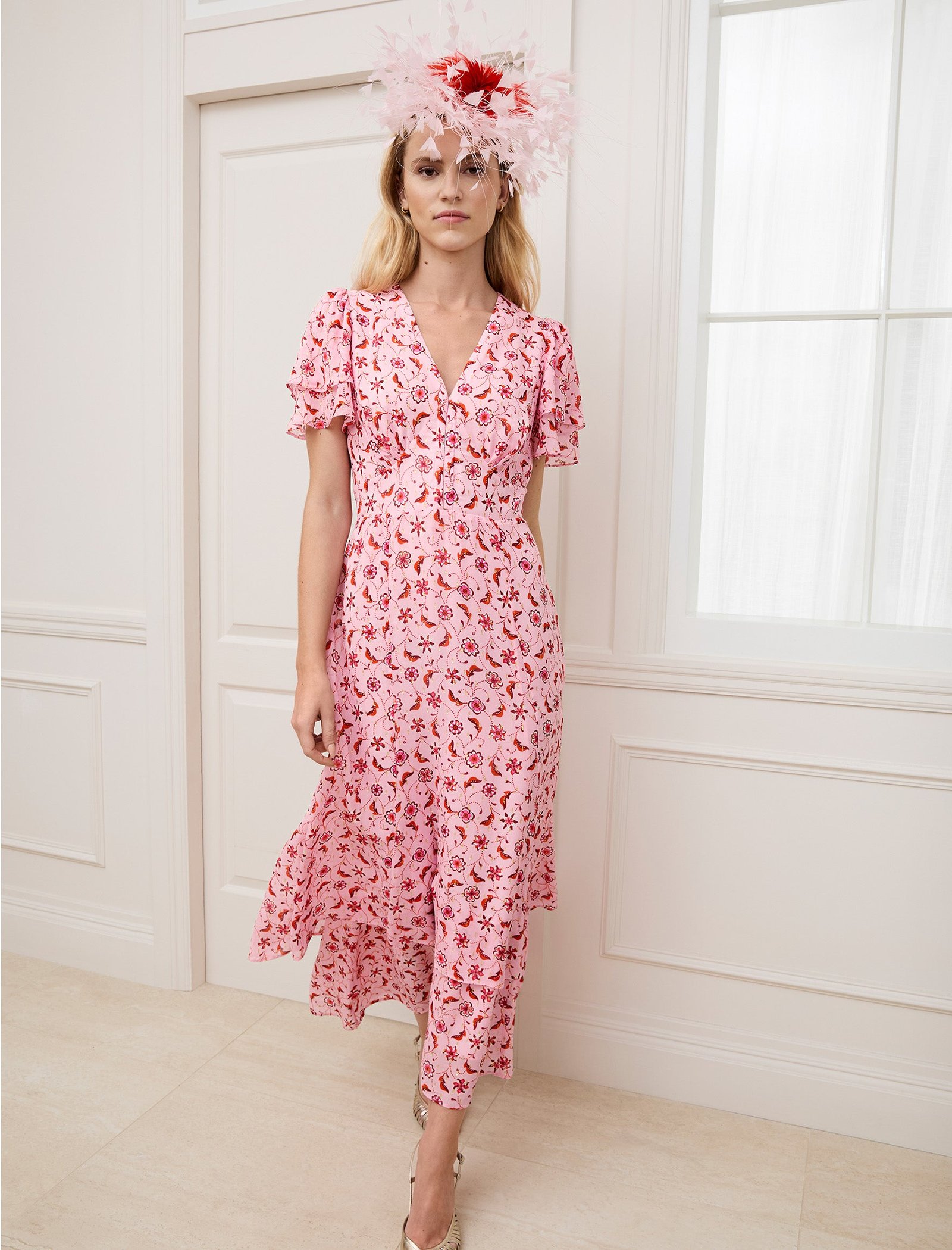 Lotta Gold Metallic Fil Coupé Maxi Dress - Pink Floral Trellis Print - Image 3